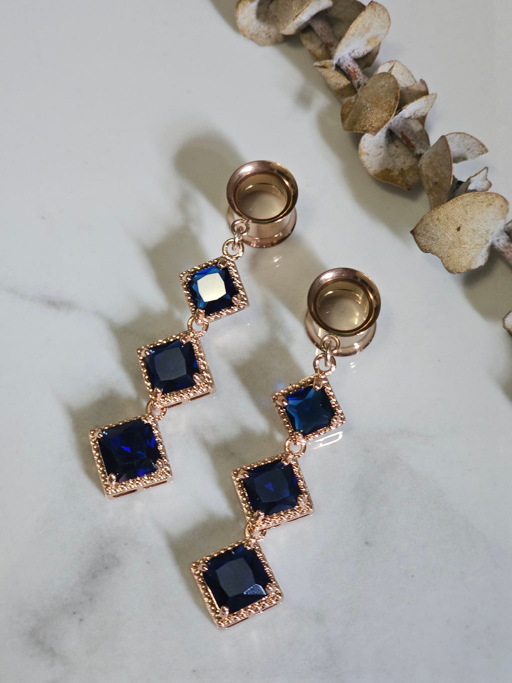 Rose Gold Dark blue dangle gauges