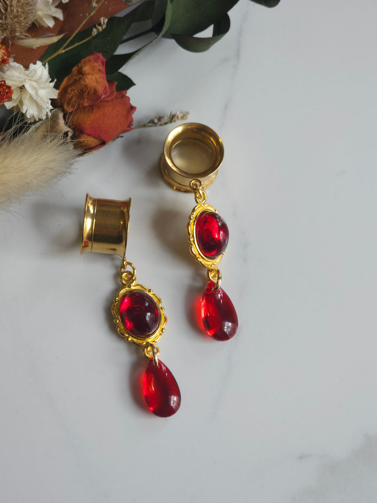 Red and Gold Gothic Dangle Gauges