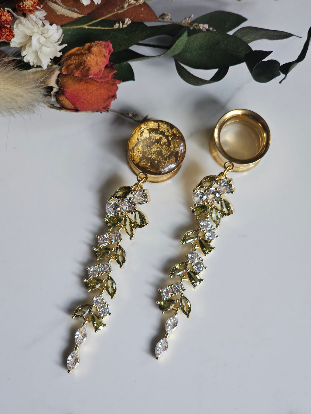 Beautiful Gold and Olive Crystal Bridal Dangle Gauges