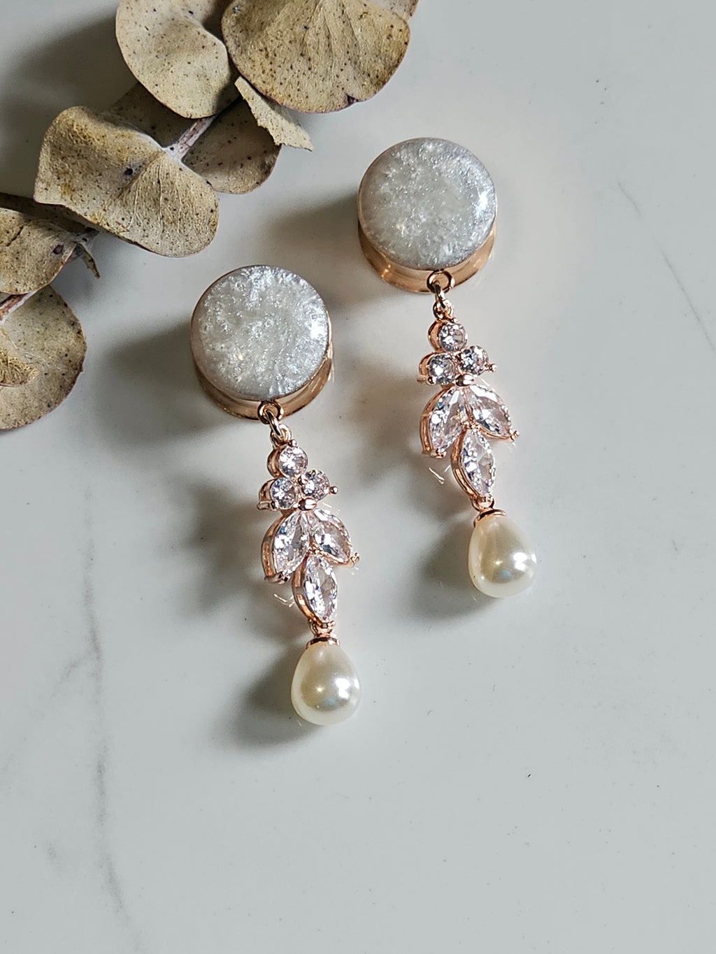 Rose Gold Faux pearl Bridal Dangle Gauges