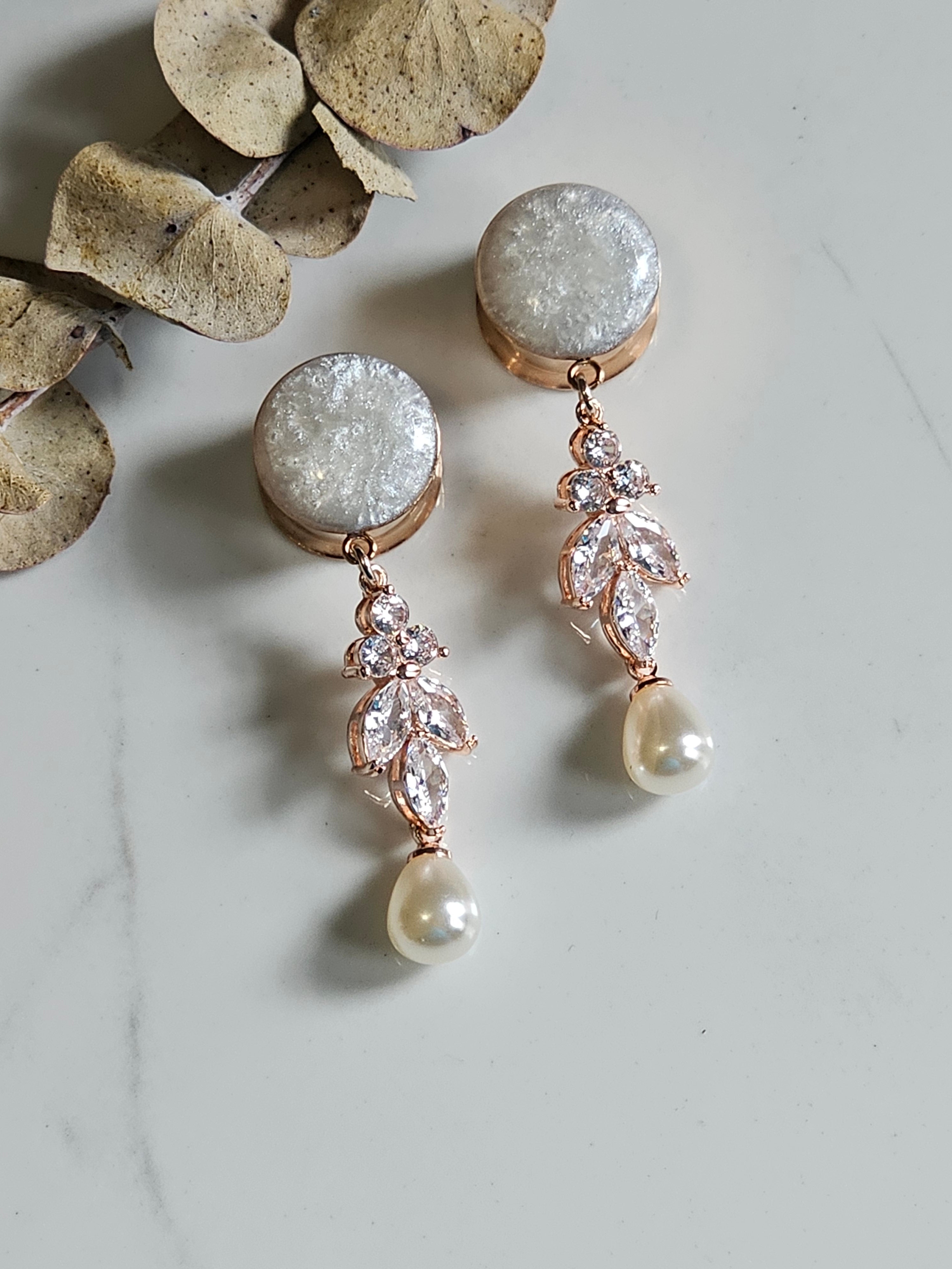 Rose Gold Faux pearl Bridal Dangle Gauges