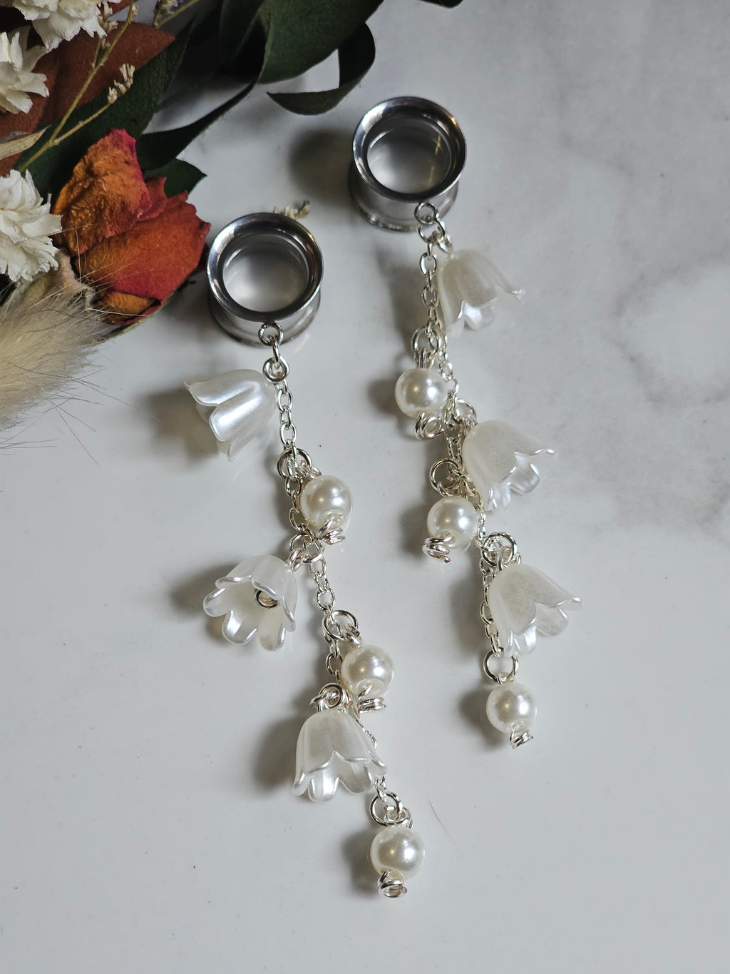 Pearl and lily of the Valley dangle gauges