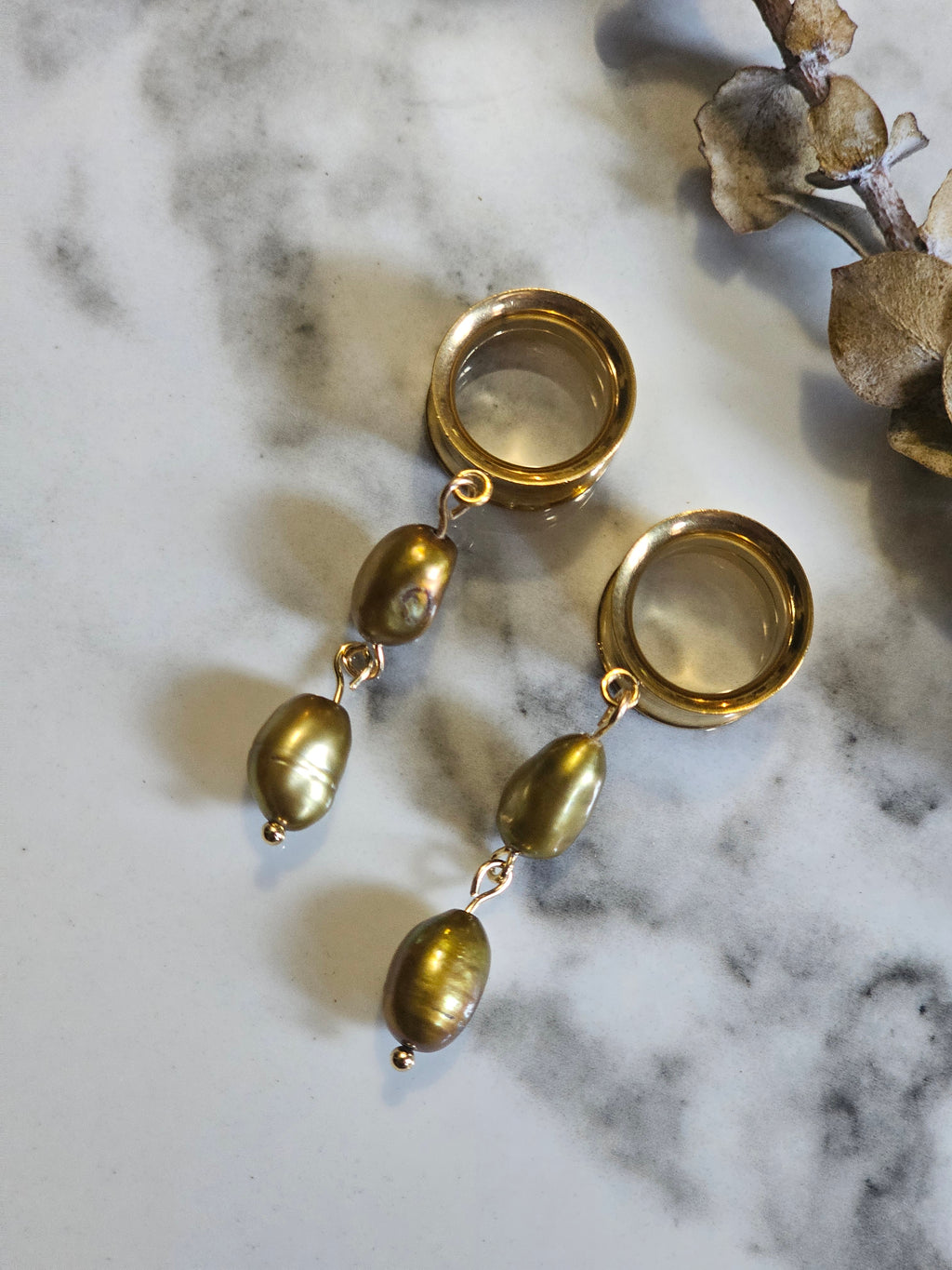 Golden Freshwater pearl dangle gauges