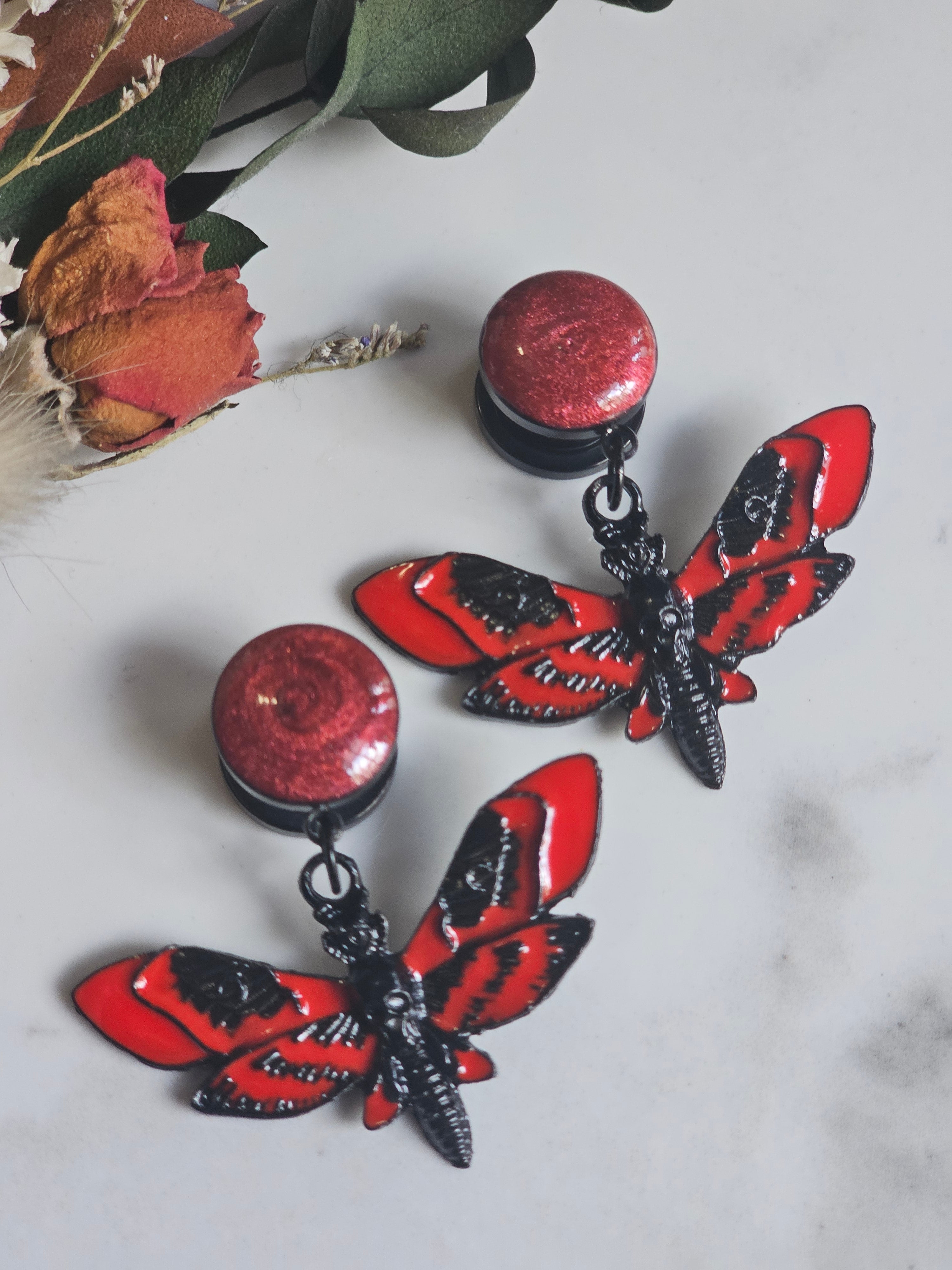 Black and Red death moth dangles gauges