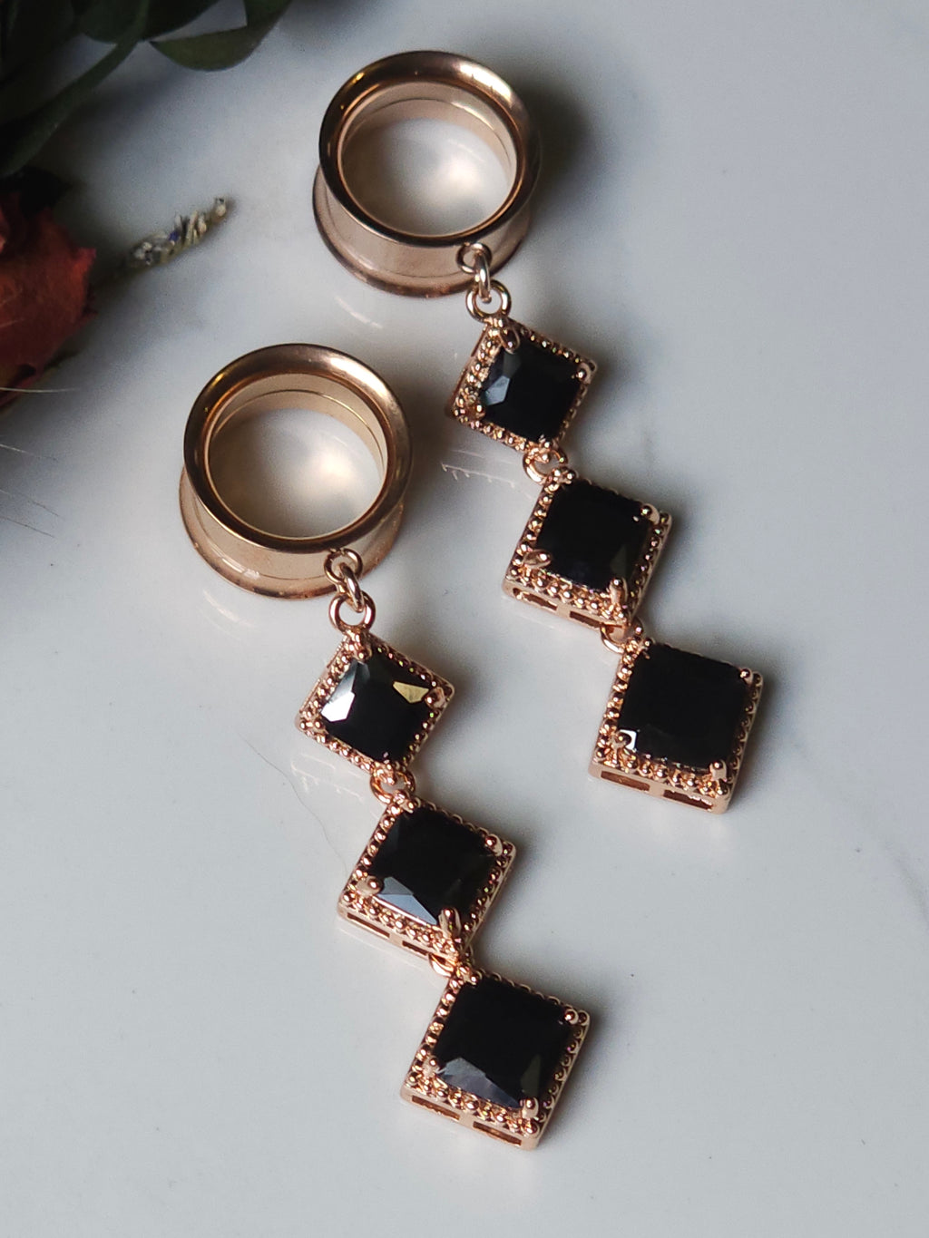 Rose Gold and Black dangle gauges