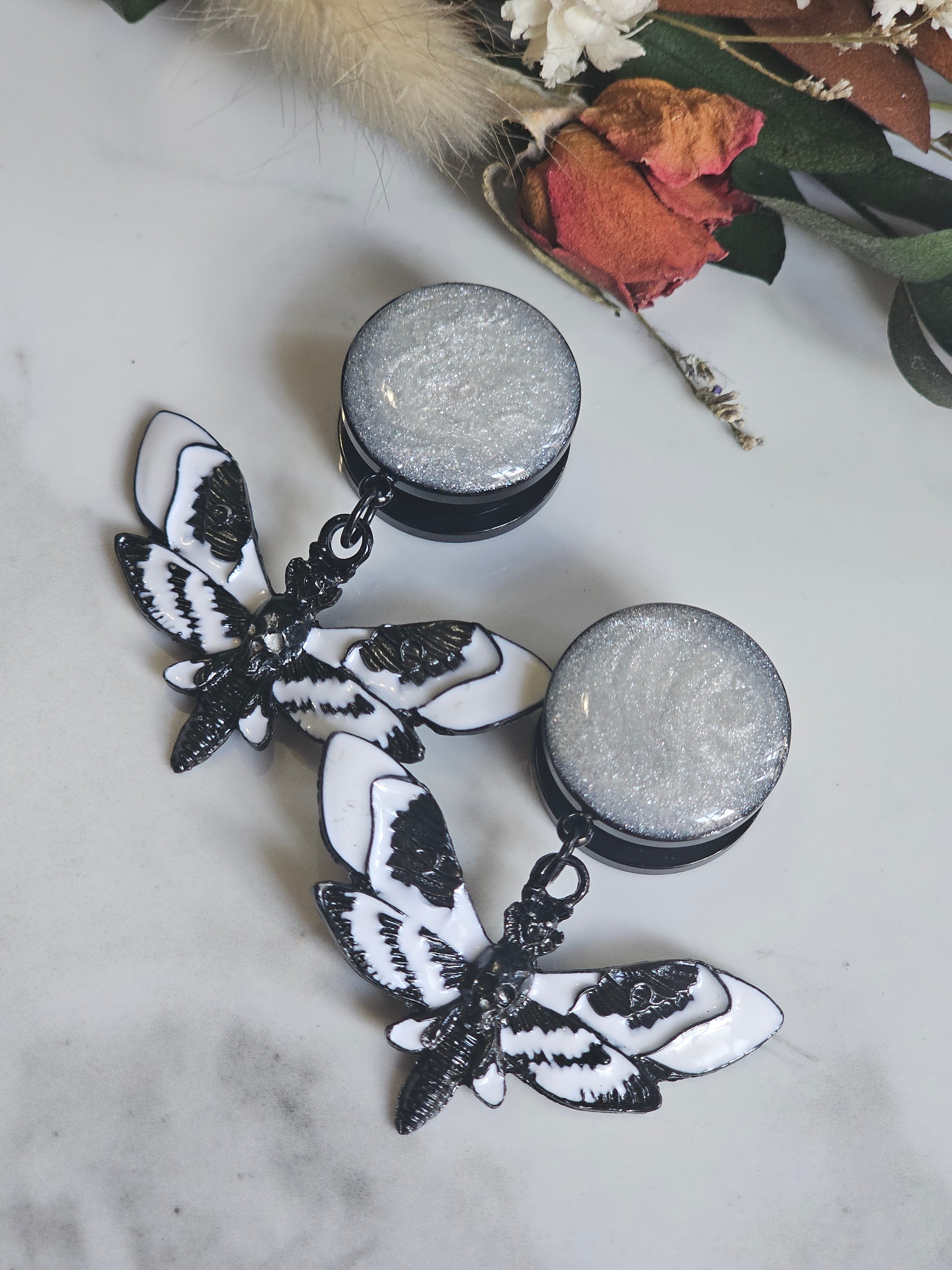 Black and white death moth dangles gauges dangles plugs