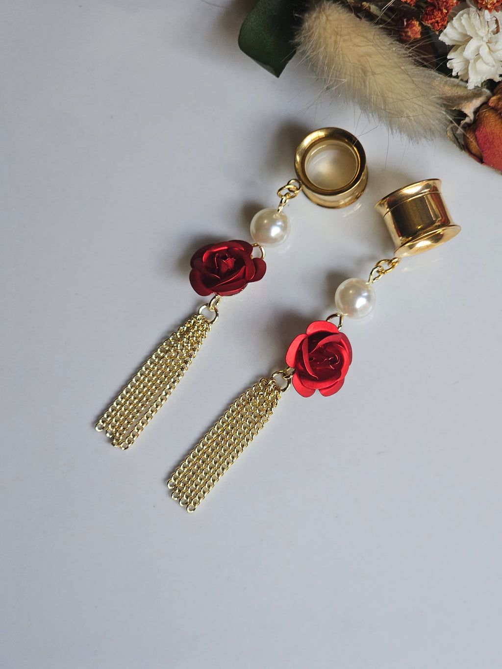 Red Rose and pearl dangle gauges