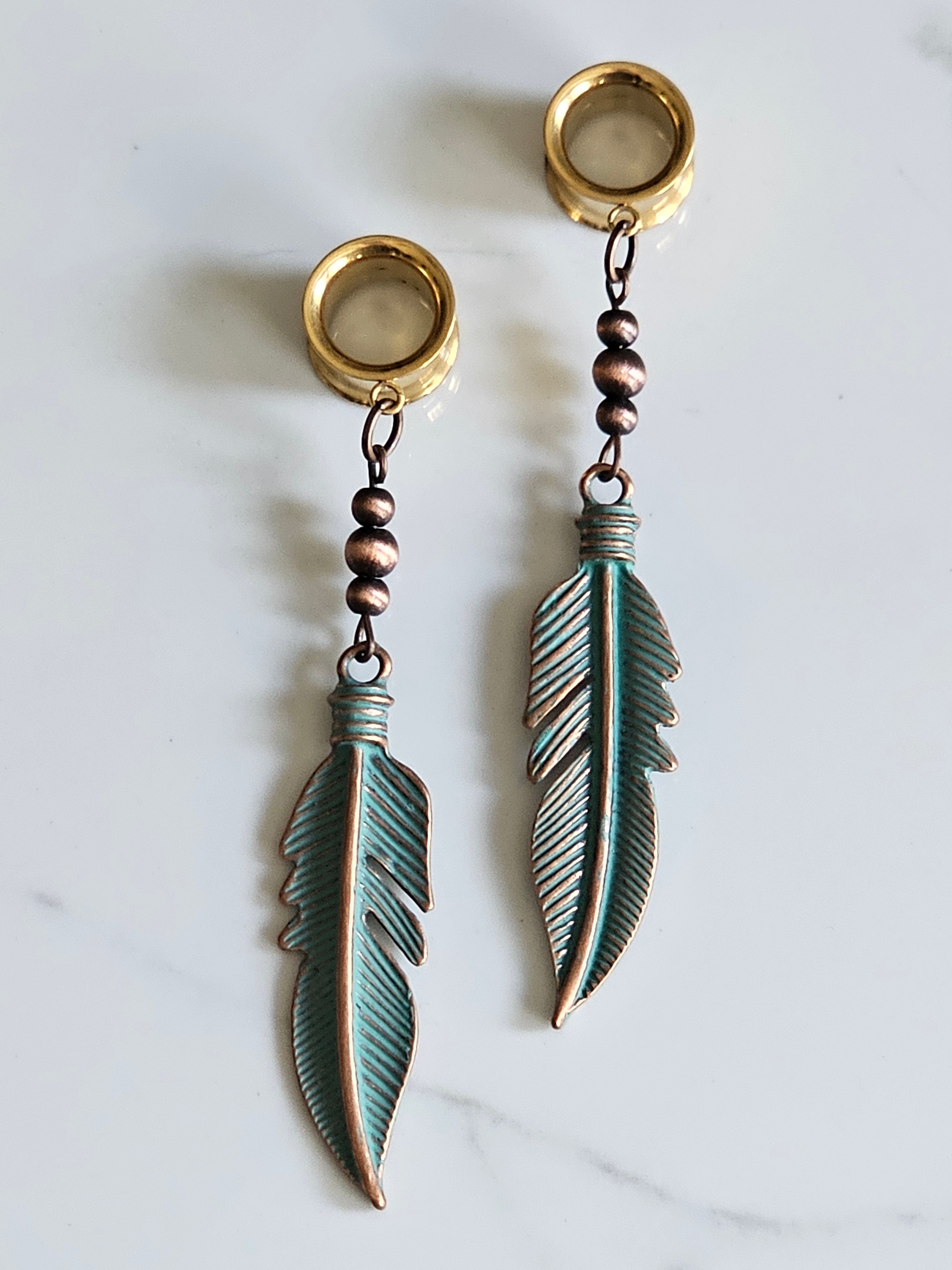 Antique style feather dangle gauges