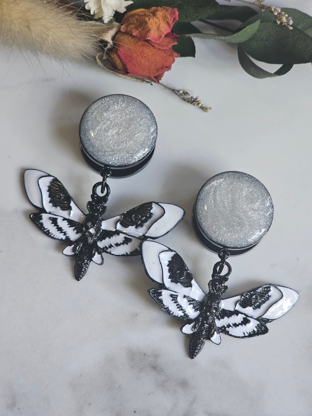 Black and white death moth dangles gauges dangles plugs