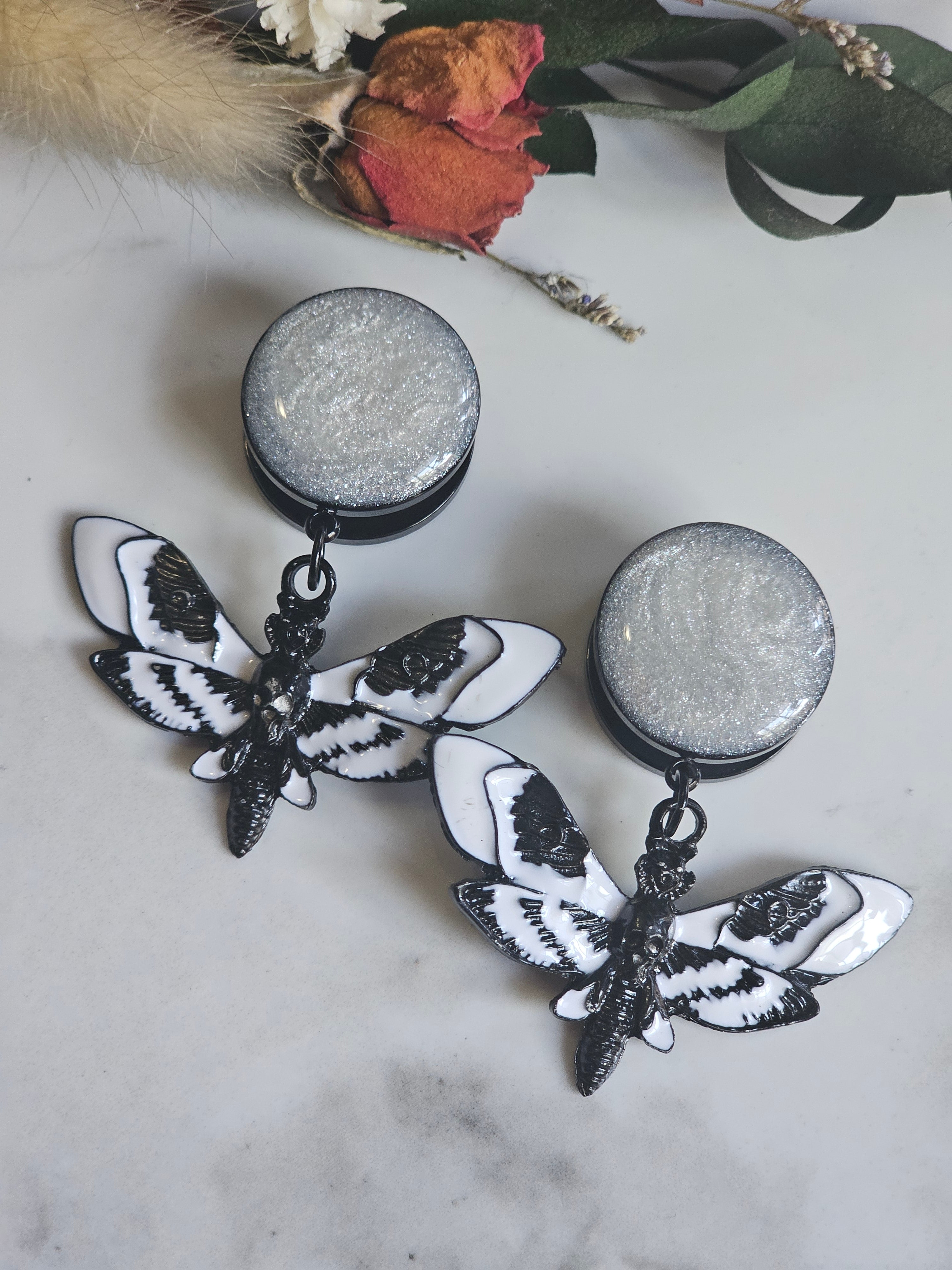 Black and white death moth dangles gauges dangles plugs