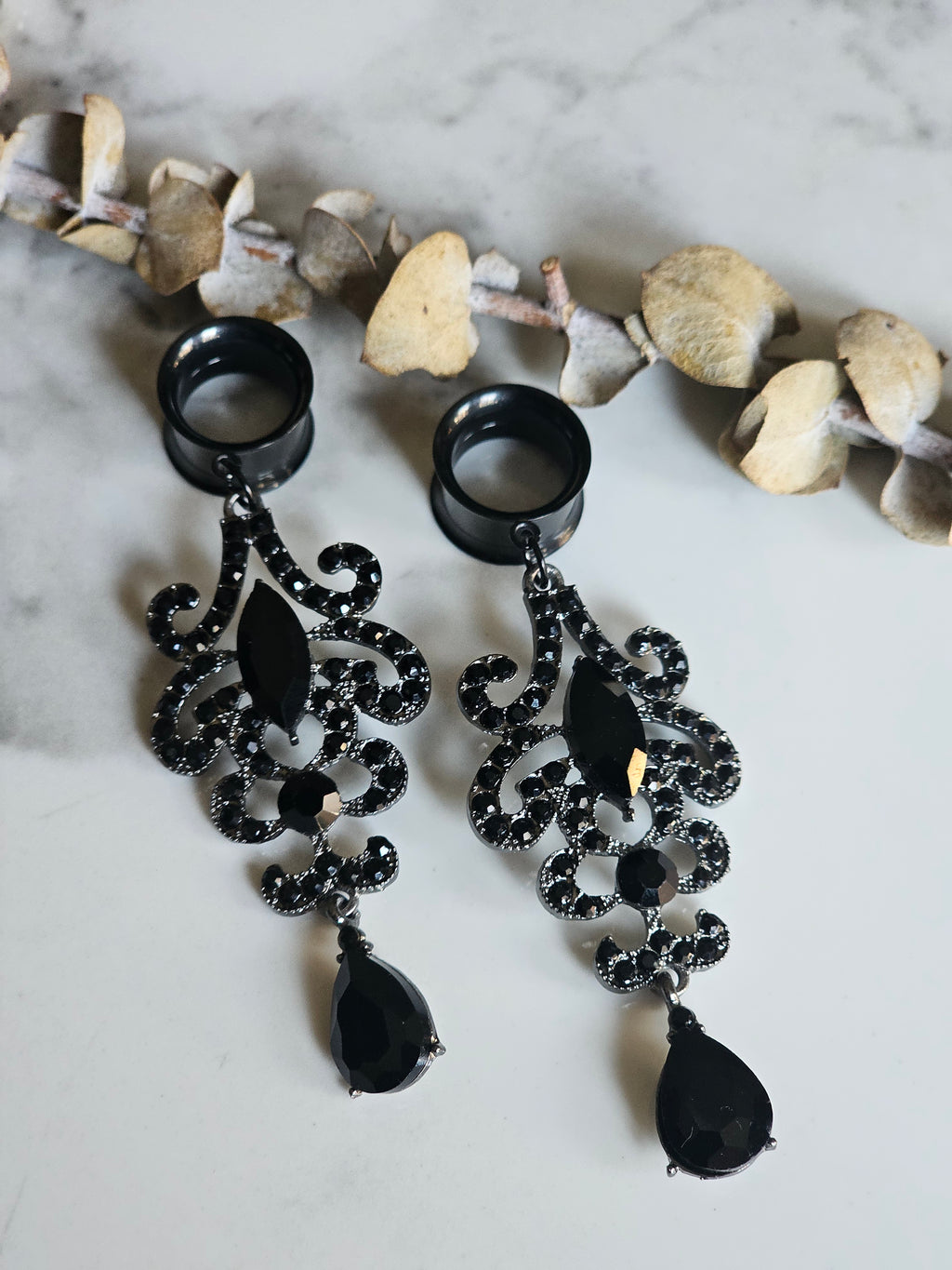 Victorian Black crystal Bridal Dangle Gauges