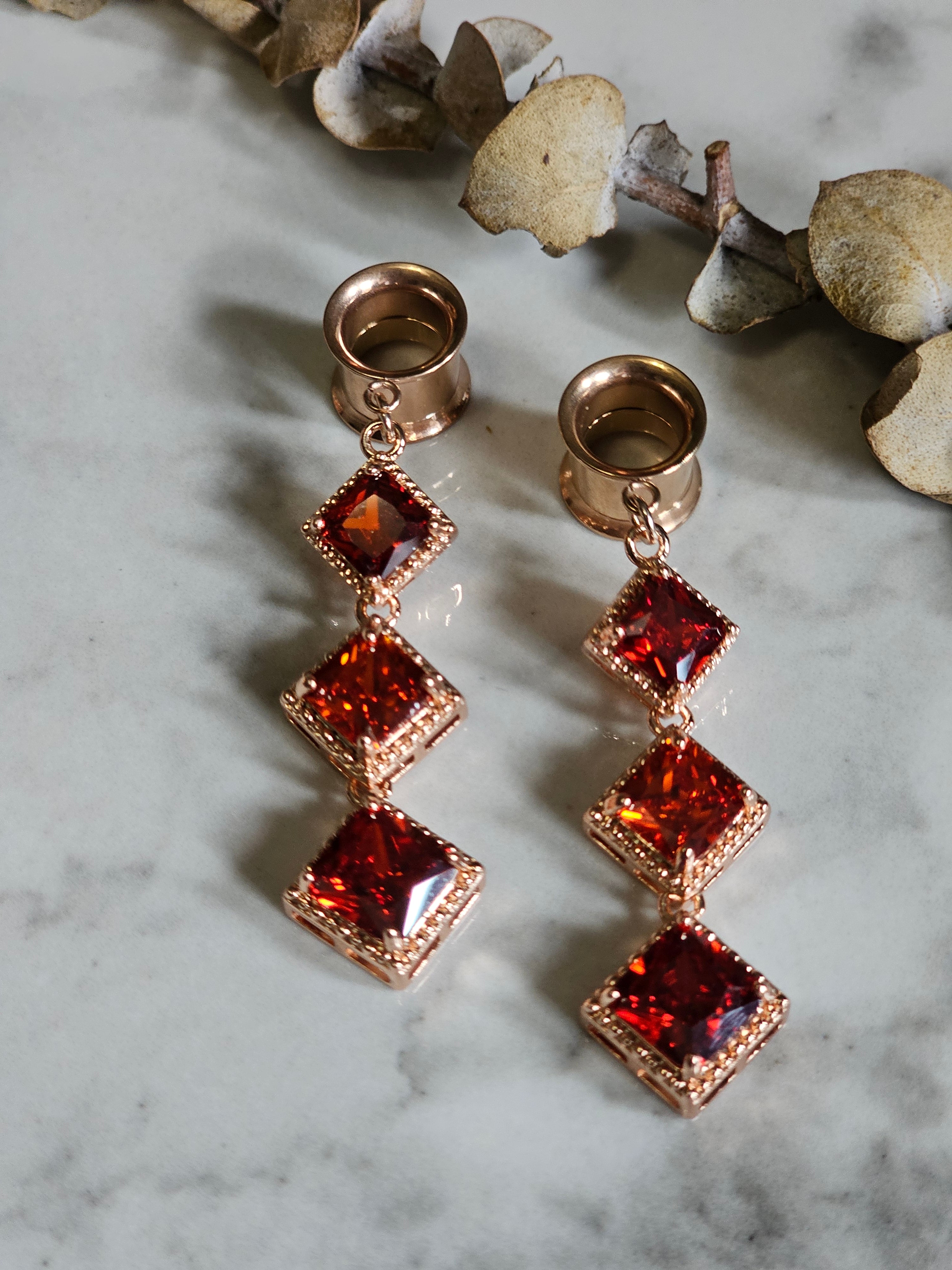 Rose Gold Red/Orange dangle gauges